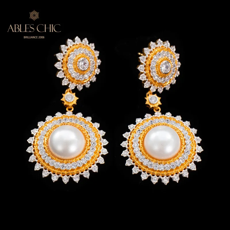 18K Gold Tone Shell Pearl Drop Earrings Sterling Silver Silky Floral Garlands Wedding Earrings C11E4S26174