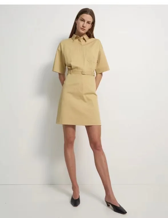 

Theo** summer dress short sleeves khaki turn down collar cotton spandex belt casual knee pocket mini skirt