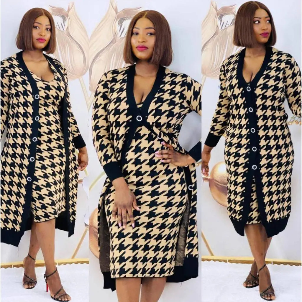 Winter Fashion Women's Two Piece Belted Dress and Buttoned Cardigan Set Crowbar Patterned Knitwear 2022