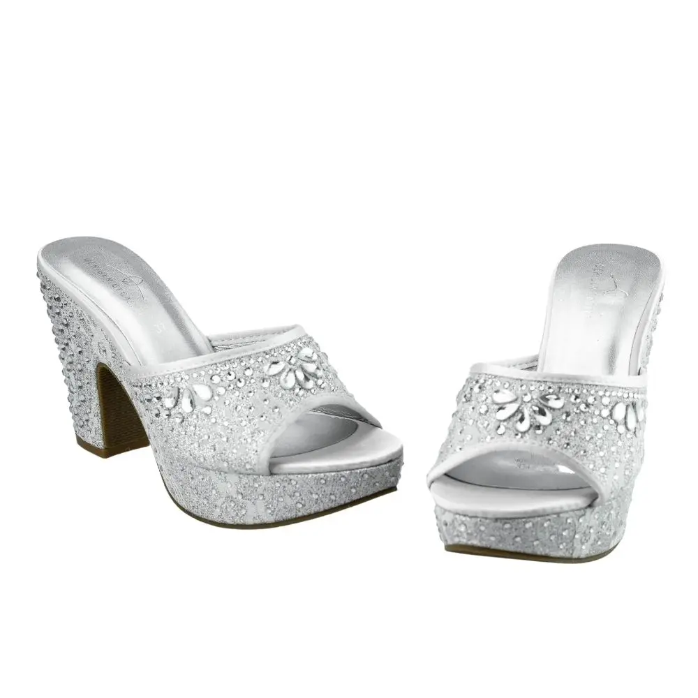 Silver Dressey Summer Shoes Women Wedding Party Footwear Chunky Mules Sandals Platform 3CM Lace Rhinestone High Heels Sandals