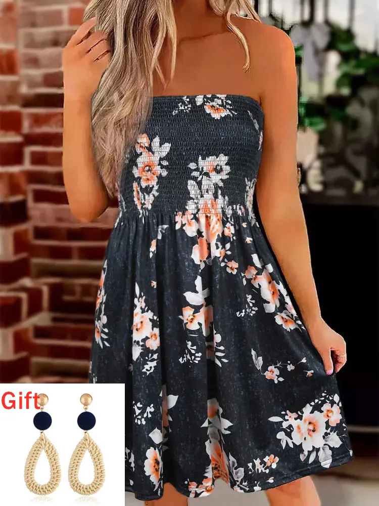 

Summer Party Evening Dress Floral Smocked Strapless Bandeau Mini Dresses For Women Sexy Robe Vestidos Gift Pair Of Earrings