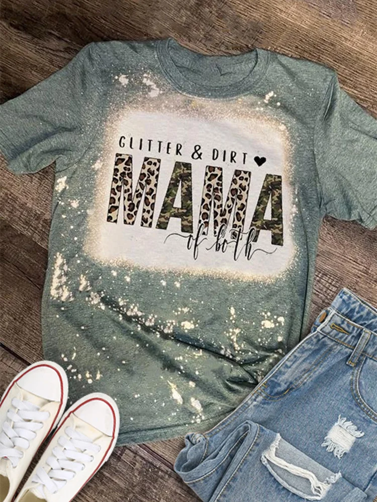 

Glitter & Dirt Mama of Both T-Shirt Women Camouflage Leopard Graphic Mom Tees Shirts Vintage Bleached Letter Print T Shirt Tops