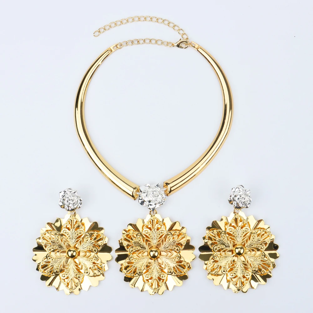 

Dubai Gold Plated Jewelry Set Luxury Flower Earrings and Pendant Necklace Bridal Accessories Sets For Weddings Gifts Nigerian
