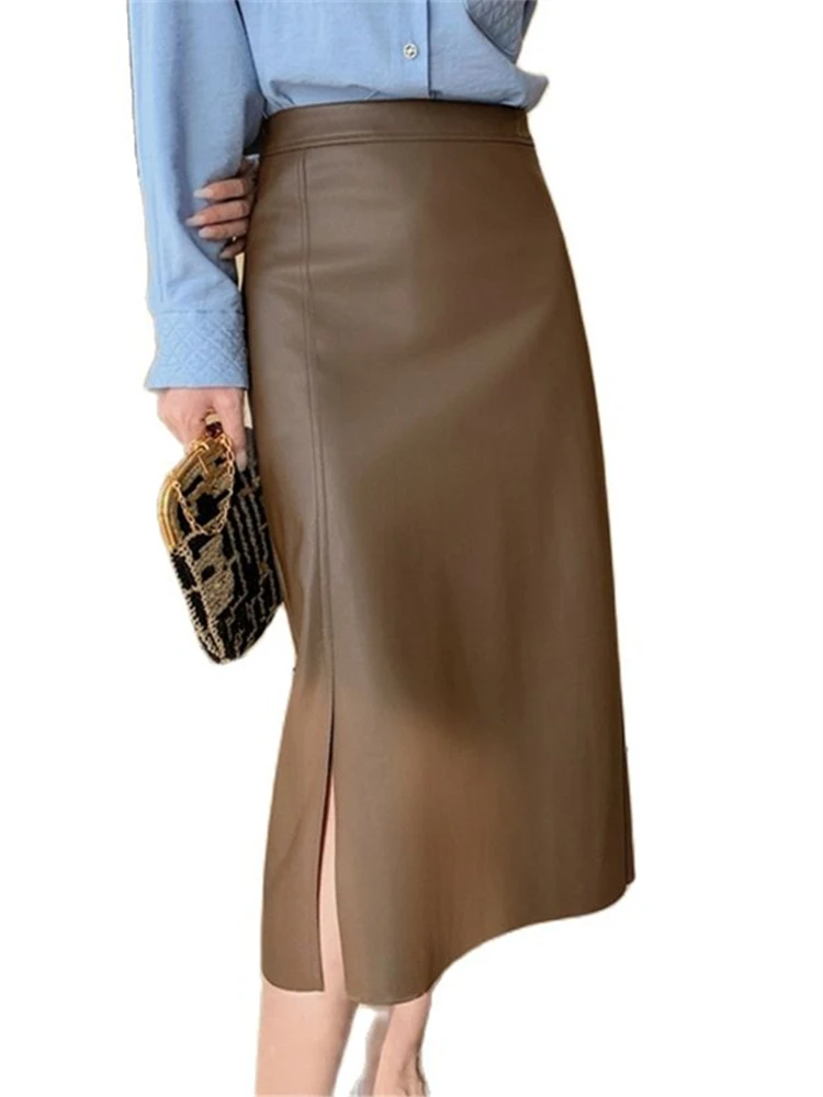 Женская длинная юбка-карандаш из ПУ кожи с высокой талией |