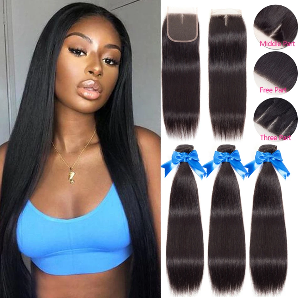 

12A Raw Indian Straight Lace Front Human Hair Bundles With Closure Virgin Bone Straight 3 Bundles Long Perruque Cheveux Humain