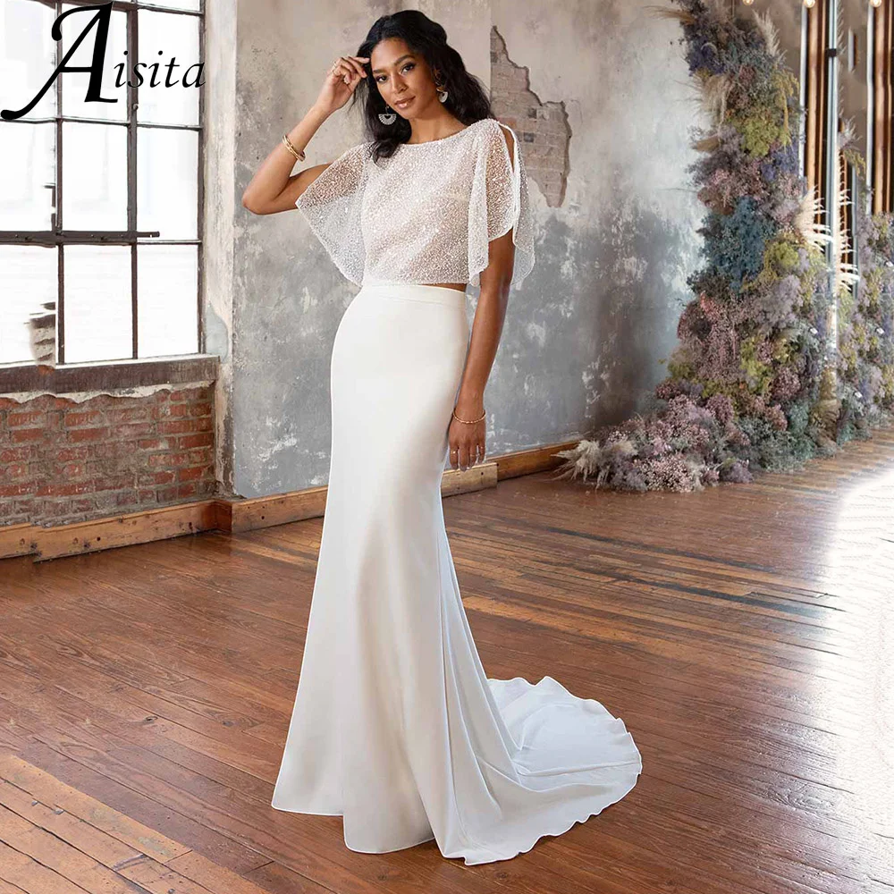 

Twinkling Scoop Neck Wedding Dress Mermaid Open Back Bridal Gowns Glitter Half Sleeves Sweep Train Sexy Vestidos De Novia