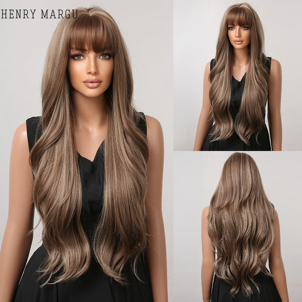 

HENRY MARGU Ash Brown Mixed Blonde Synthetic Wigs with Bang Long Wavy Hair Wig Heat Resistant for Black Women Daily Party Use