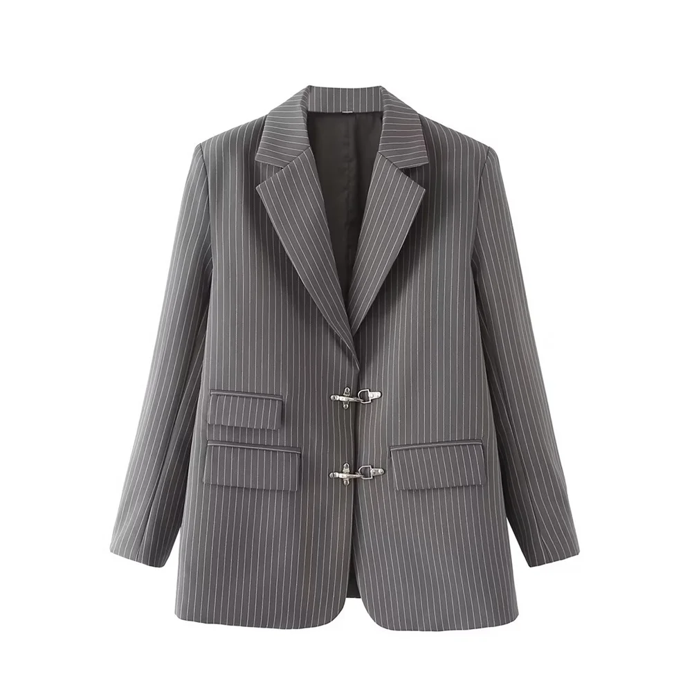 

PB&ZA 2022 Autumn New Women's Commuter Loose Lapel Pockets Decorated With Metal Buckle Stripes Casual Suit Jacket Women