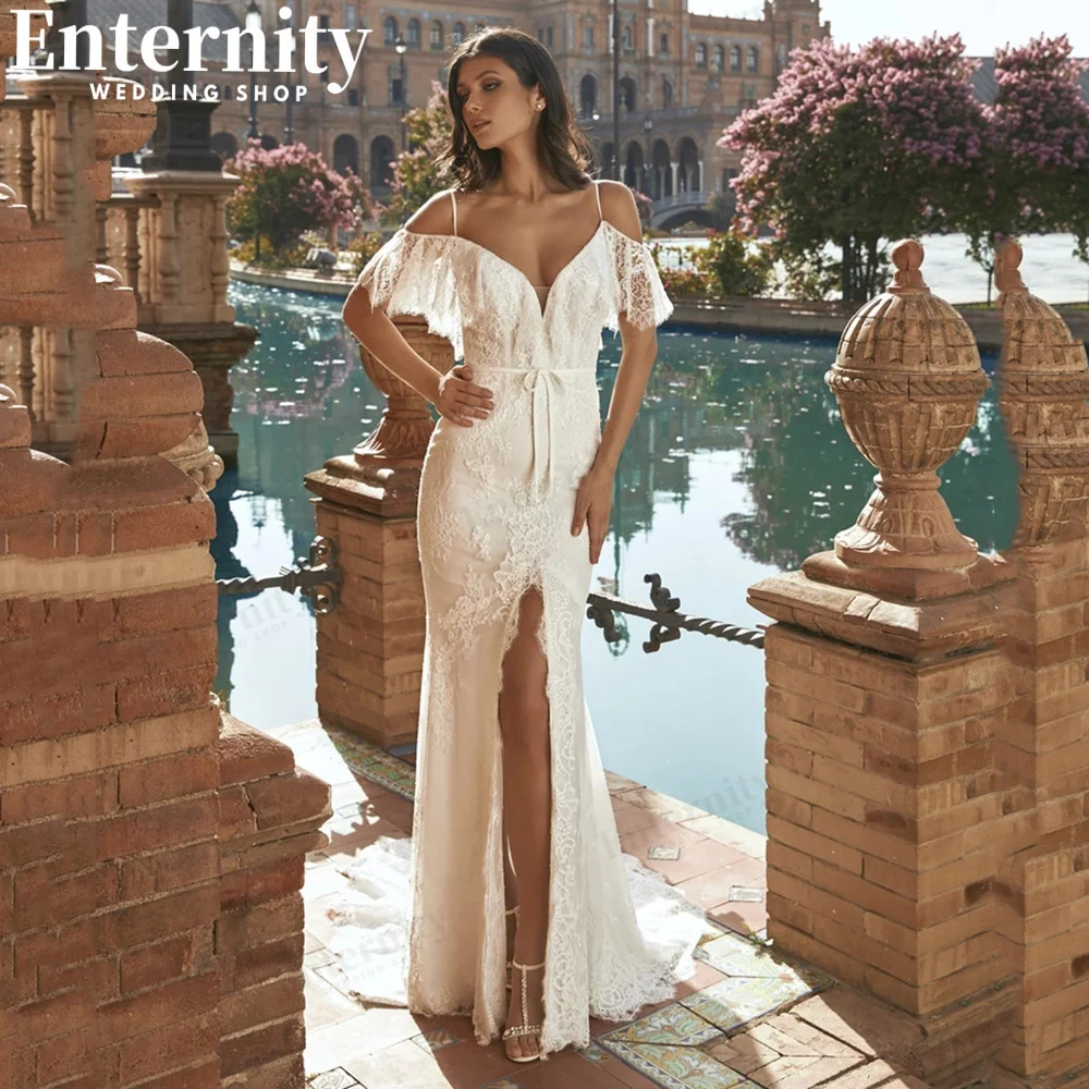 

Bohemian Deep V Neck Bridal Gowns Lace Appliques Mermaid Off The Shoulder Open Back Side Split Wedding Dresses Plus Size