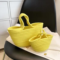large capacity womens bag 2022 new fashion woven hand held shoulder casual texture bucket solid color bag