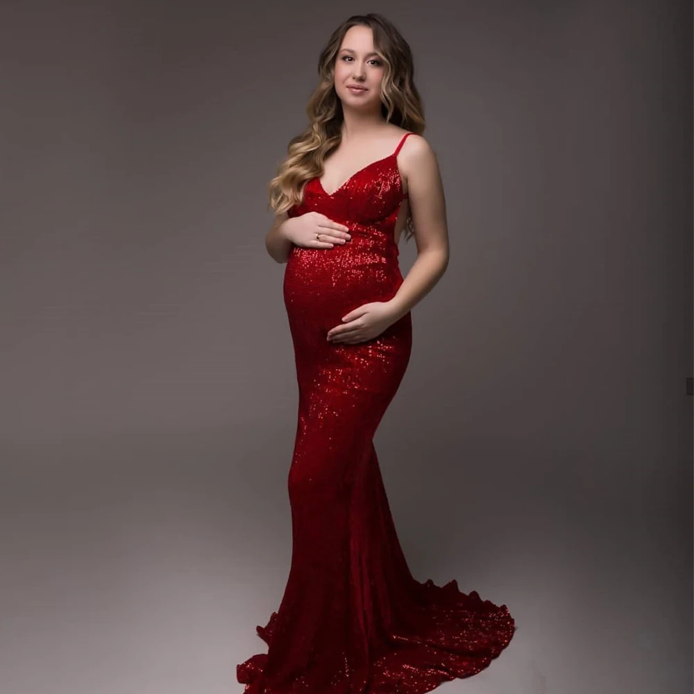 Maternity Photography Prop Sexy Sequined Sling Deep V-neck Dresses Photography Prop For Baby Shower For Photo Shoot