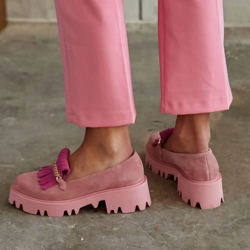 Cloud Inner Exterior Genuine Leather Suede Flat Thick Platform Eva Light Sole Buckle Loafer Poshnmore Pink Sax Blue Orange Fuch