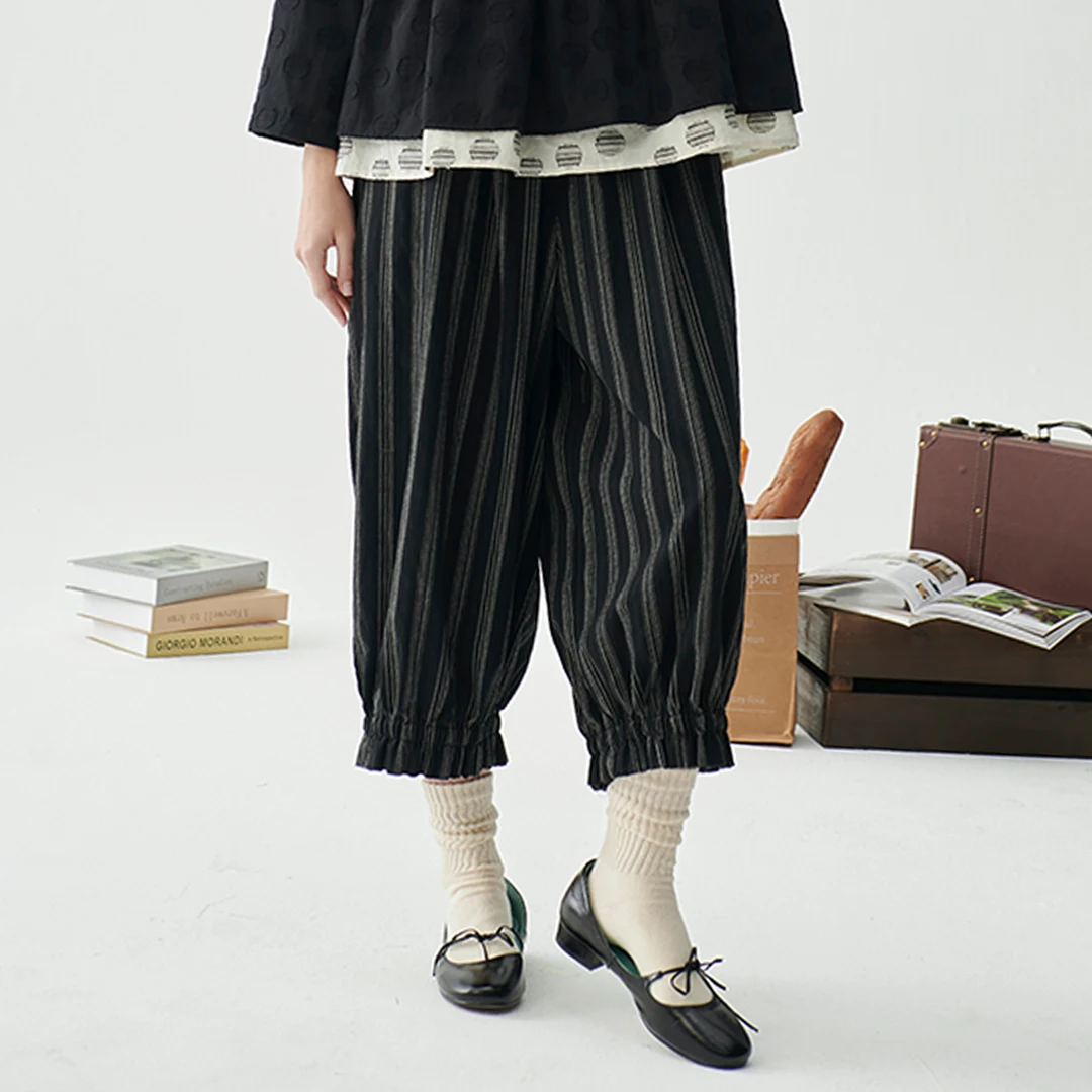 Leorlax original design Japanese minimalist striped lace, nine -point wide -leg pants loose, covered with meat spring and autumn