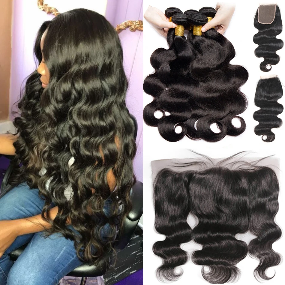 

Body Wave Hair Weave 4 Bundles With 13x4 Lace Closure Frontal 12A Indian Wet And Wavy Virgin 100% Human Hair Bundle With Closure