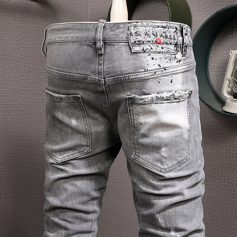 Fashion New Trendy Brand Personality Washed Light Gray Splashed Ink Grinding White Youth Trousers Slim-Fit Mid-Waist Jeans Men