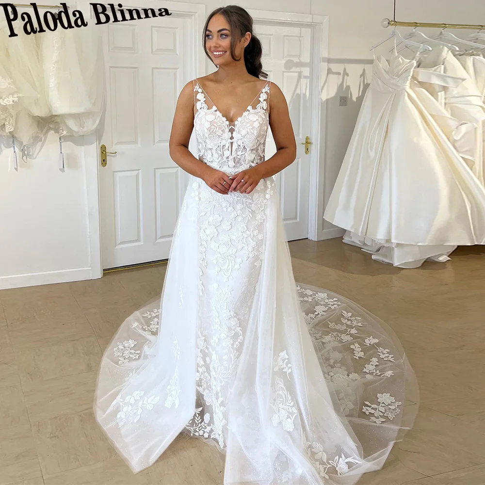 

Paloda Exquisite Detachable Train Wedding Dresses 2023 Bride Backless V-Neck Tank Appliques Lace Button Sleeveless Tulle