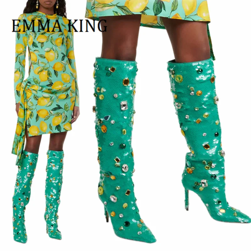 

Spring Autumn Women Sequined Knee High Boots Sexy Pointed Toe Stiletto High Heels Boots Colorful Crystals Woman Thigh High Boots