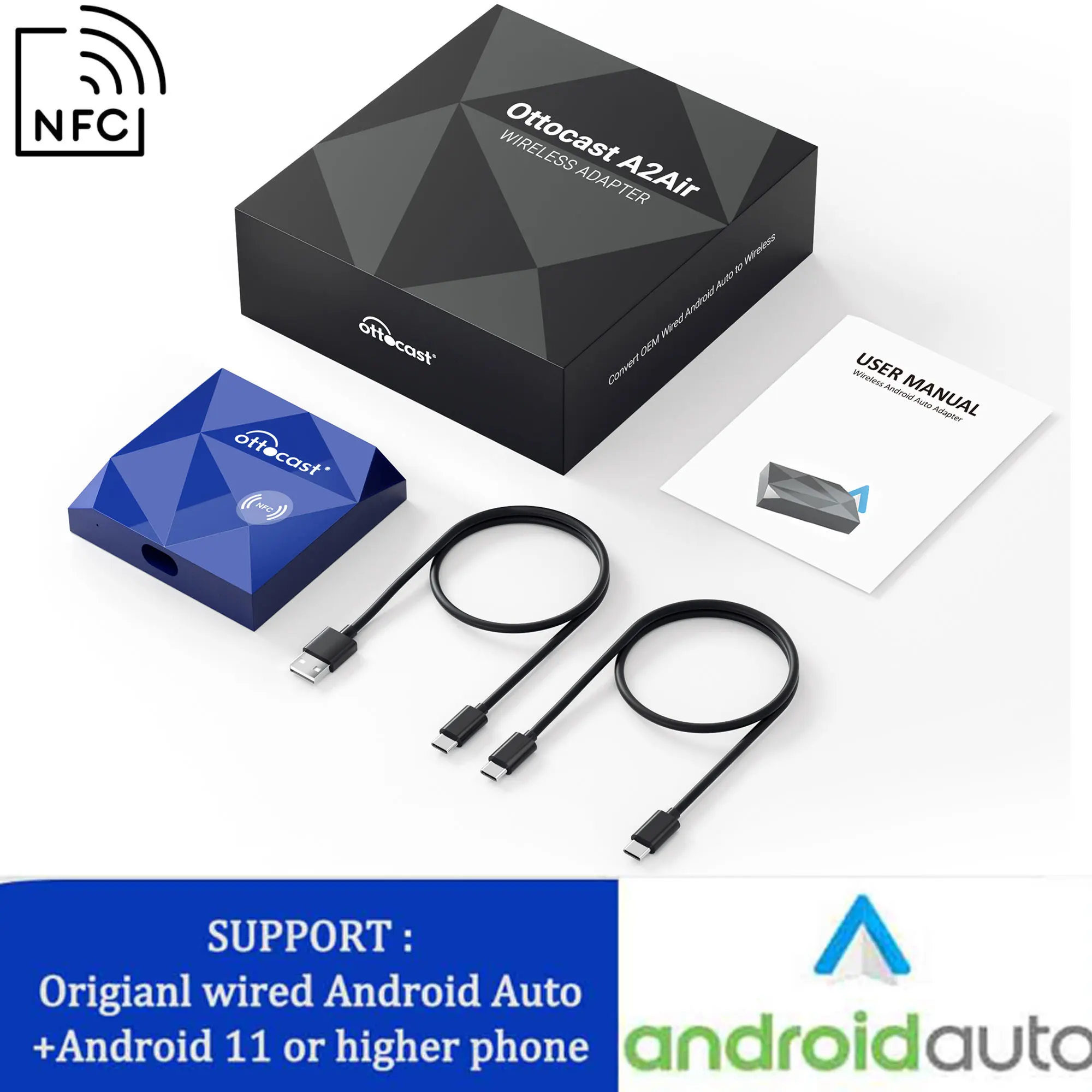 

OTTOCAST A2Air поддерживает NFC-соединение, беспроводной Android-адаптер для Android, Samsung, Google Phone, USB-ключ, автомобильные аксессуары