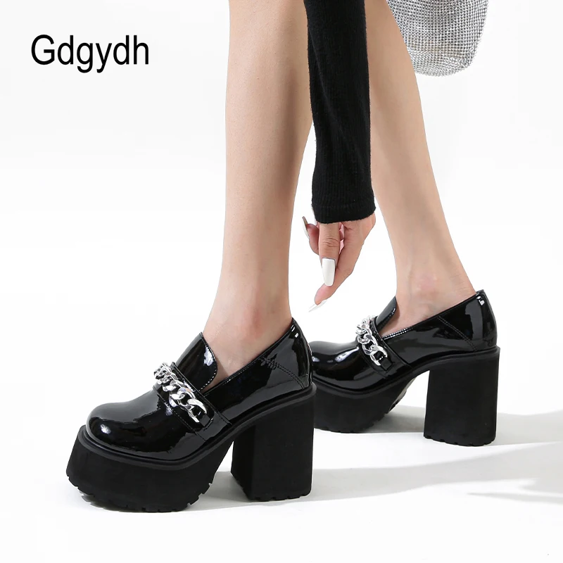 Gdgydh Platform Heels Womens Loafer Leather Slip-ons Round Toe Chunky Loafer Shoes Penny Casual Fashion Shoes with Chain