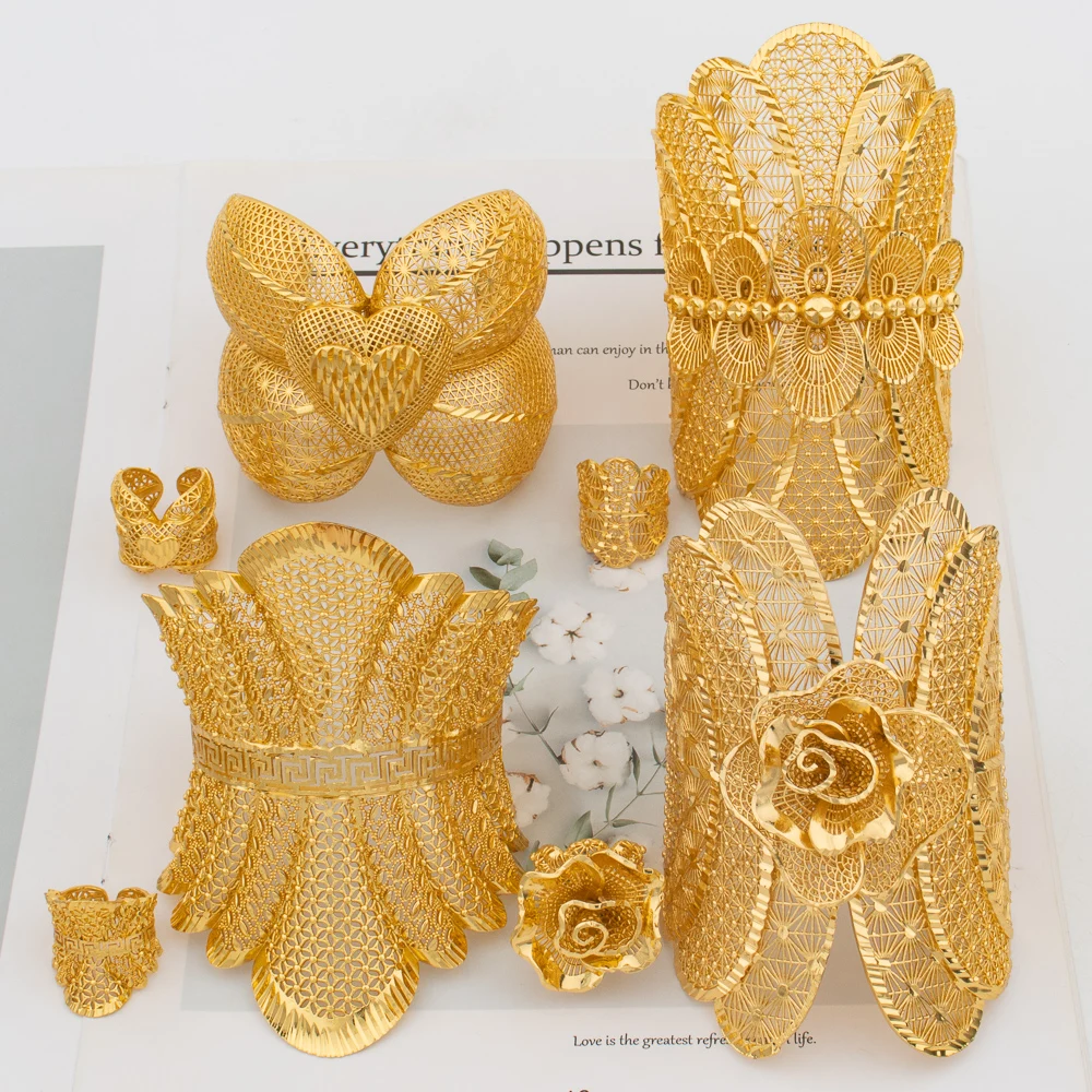 

Dubai Cuff Bangle Women Arab 18K Gold Plated Bracelet Ring Luxury Large Round Jewelry Copper Wedding Ethiopia Bridal Gifts