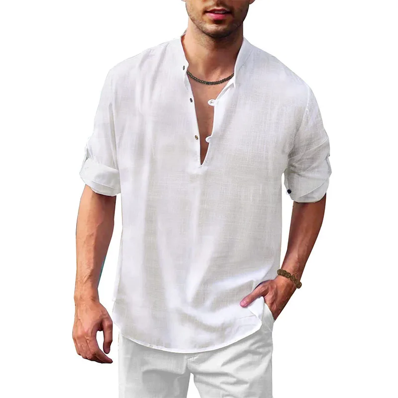 

Men Solid Shirt Fitness Mens Basic Loose Breathable Long Sleeve Henley Shirts Comfy Stand Collar Button Top Fold-Up Autumn