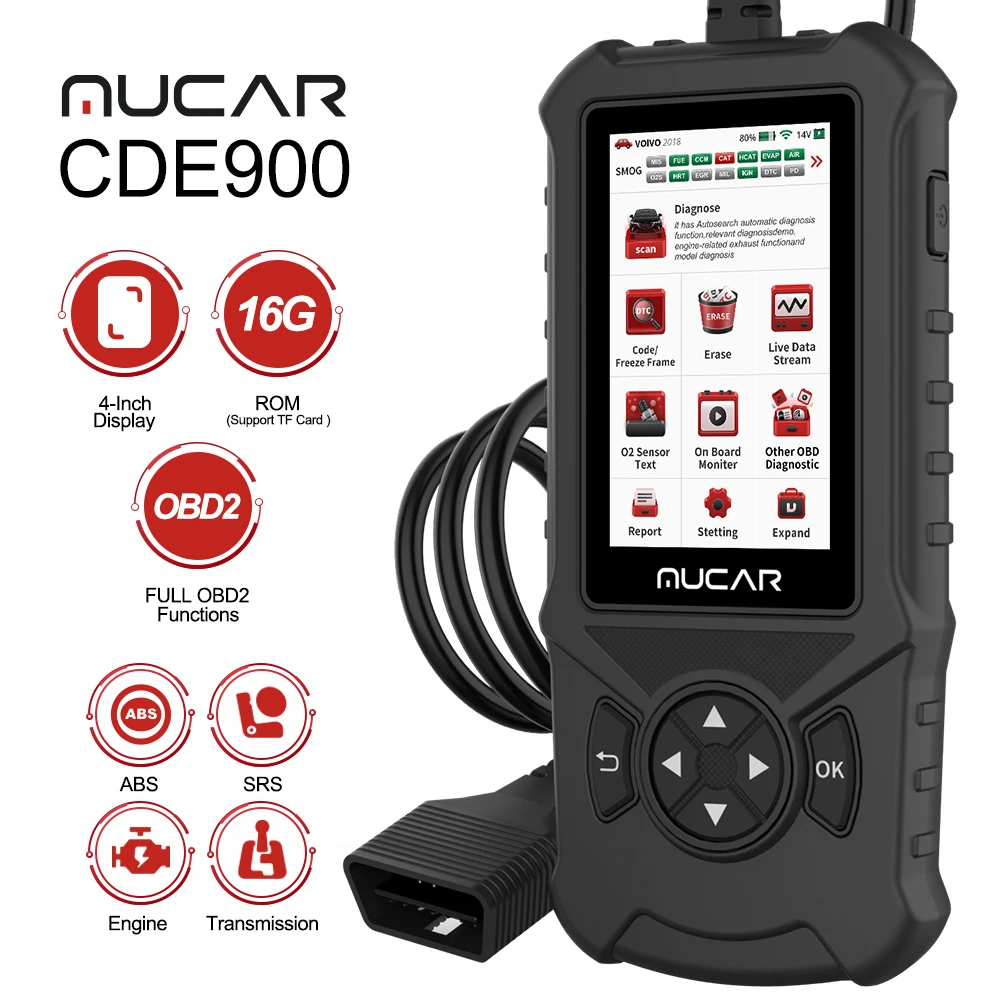 

MUCAR CDE900 Автоматический сканер OBD2 Автомобильный диагностический инструмент с системой двигателя ABS SRS TCM Пожизненное бесплатное обновление Чистый считыватель кодов