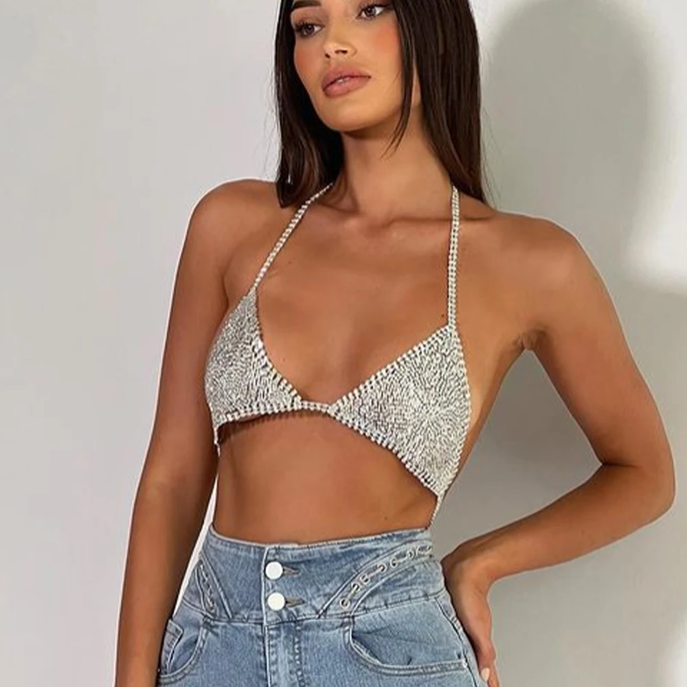 

Sexy Triangle Cup Bra Chain Jewelry Lingerie for Women Rhinestone Body Chain Harness Beach Bikini Underwear Nightclub Outfit
