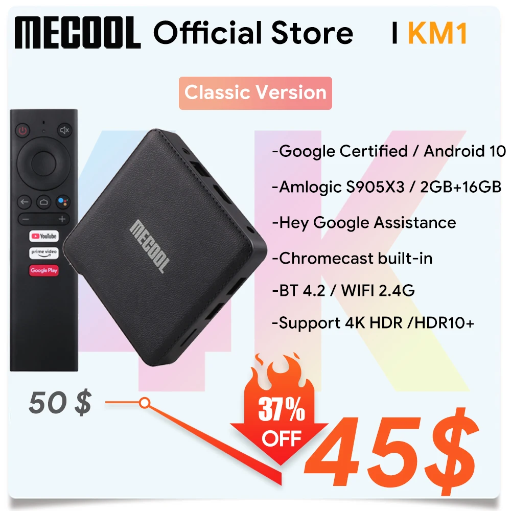

Mecool Новый медиаплеер KM1 Amlogic S905X3 Adnroid 10,0 2G + 16G 4K S905X3 Голосовое управление Поддержка Youtube 4K двойной Wifi телеприставка
