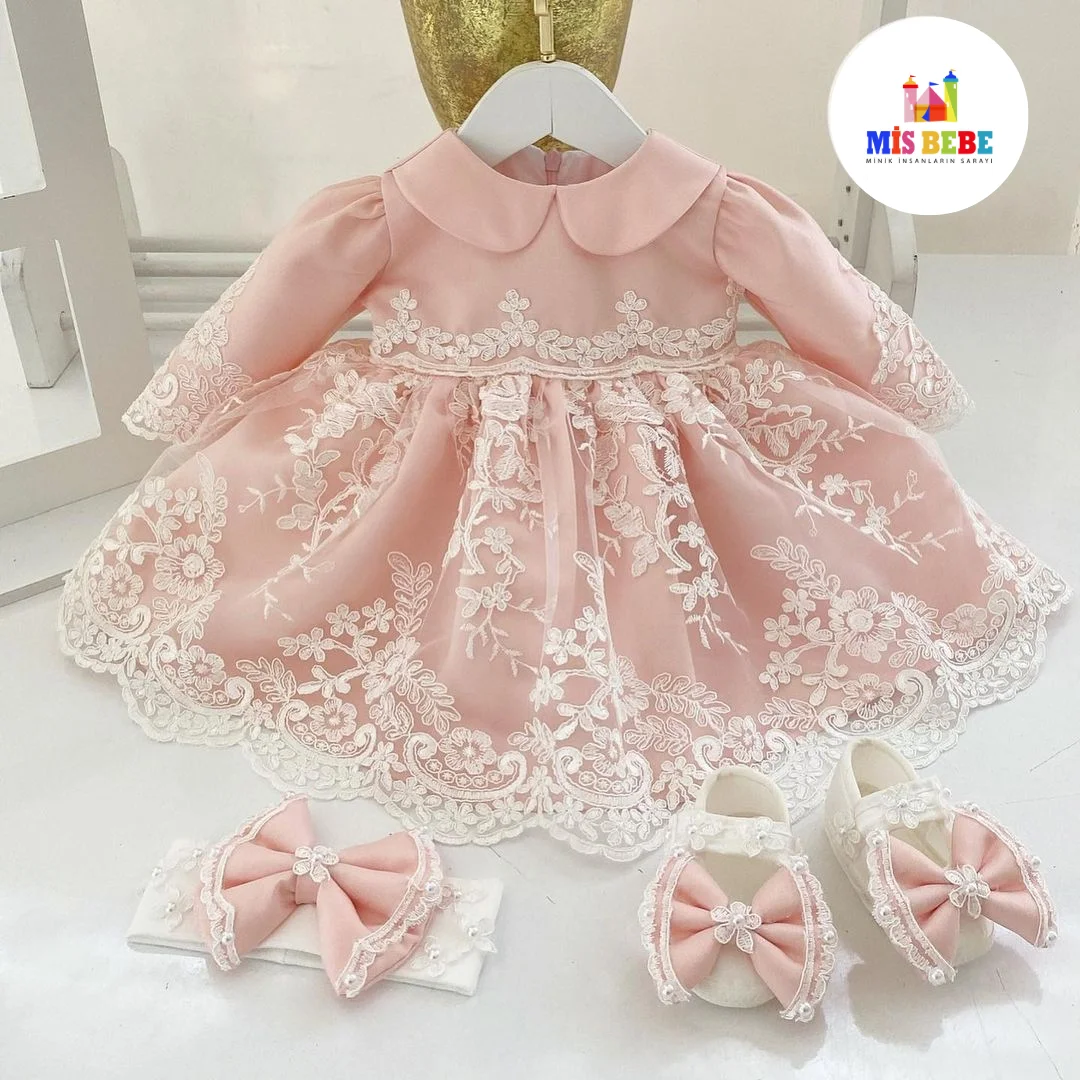 1st birthday Baby Girl Pink Dress Long Sleeve Flower Girl Dress Lace Flower Girl Dress Toddler Infant Party Dress Lace Junior