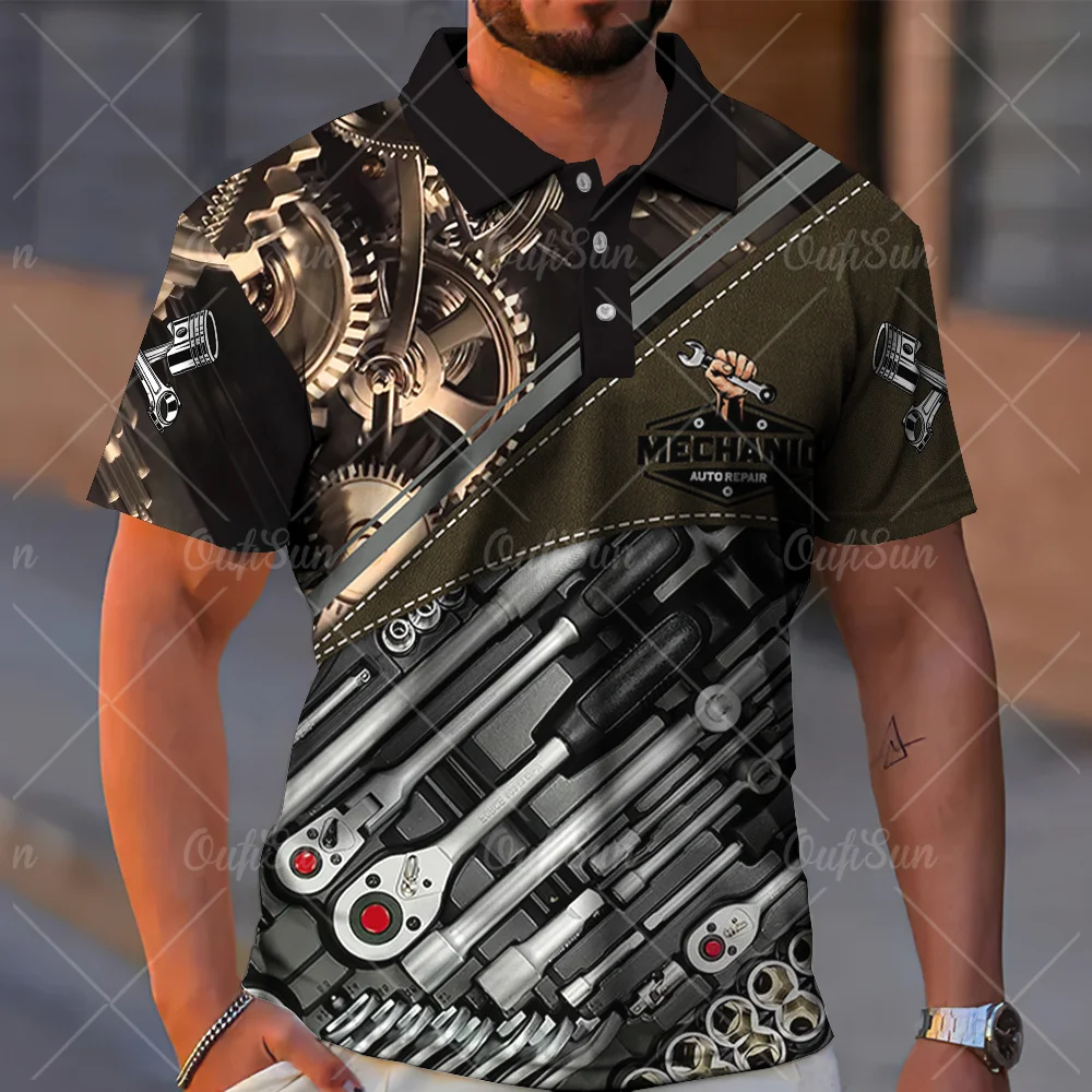

New Men's Polo Shirt Mechanical Tools 3d Print Short Sleeved Summer Casual Clothing Breathable Men's T-Shirt Oversized Golf Wear