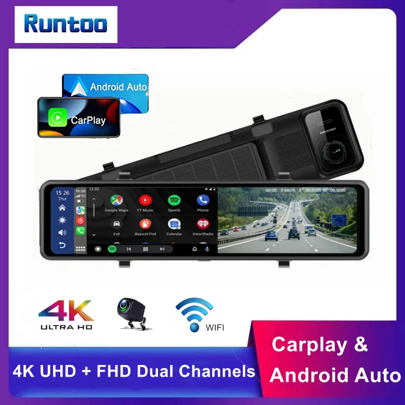 11.26inch 4K Front FHD 1080P Rear Car DVR Dash Camera Carplay Wireless Bluetooth Android Auto Rearview Mirror Video Recorder