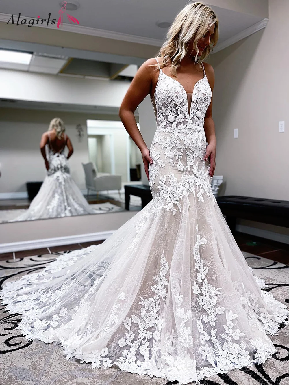 

Alagirls Sexy Lace Mermaid Wedding Dress 2022 Straps Court Train Bridal Gown vestido de noiva Boho Beach Wedding Dress