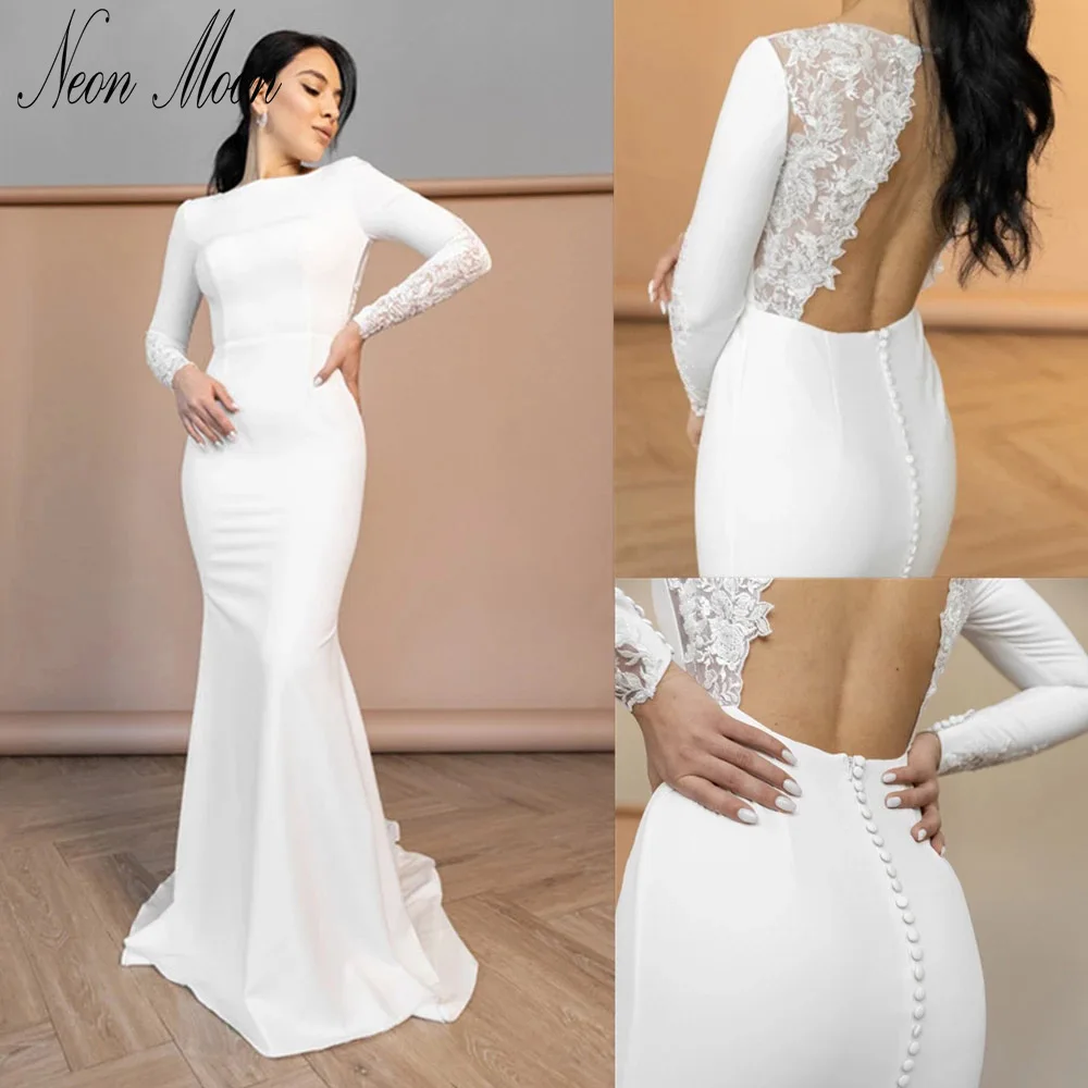 

Glamorous O Neck Mermaid Wedding Dresses Lace Appliques Long Sleeves Bride Gown Open Back Court Train Elegant Vestidos De Novia