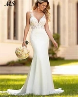 ms mermaid wedding dress white satin court train v neck lace appliques long bridal gowns robe de mariee for a wedding plus size
