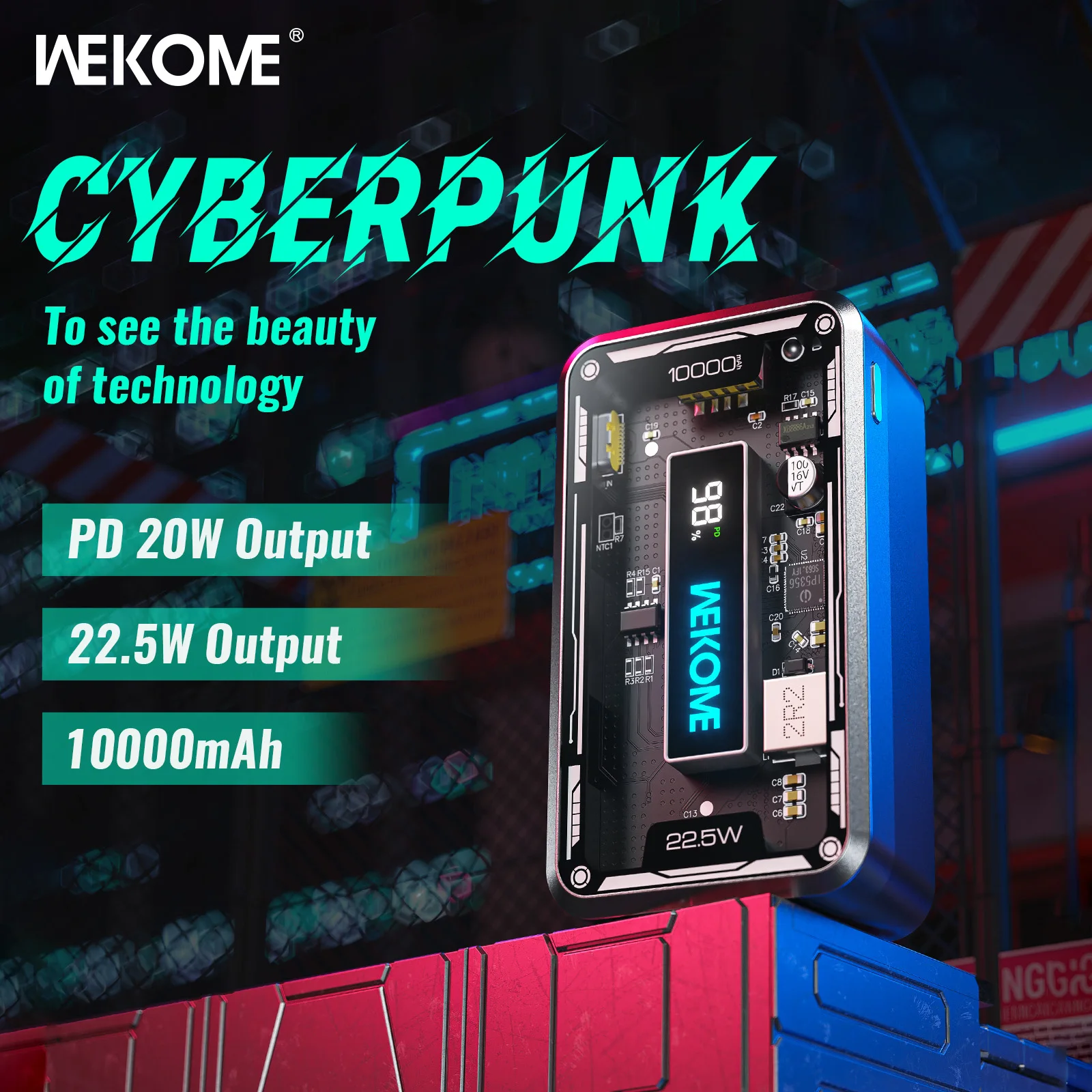WEKOME 10000 мАч Cyperpunk прозрачный Внешний аккумулятор PD QC3.0 22,5 Вт Быстрая Зарядка Тип C внешний аккумулятор для iPhone Android