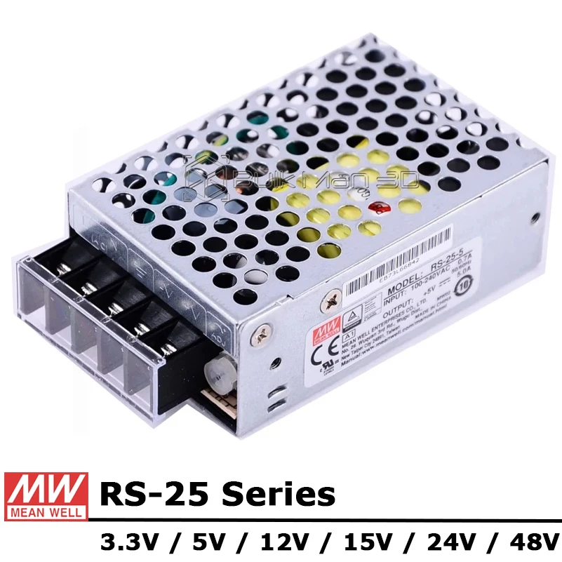 

Mean Well RS-25 Series AC/DC 25W 3.3V 5V 12V 15V 24V 48V Single Output Switching Power Supply Unit
