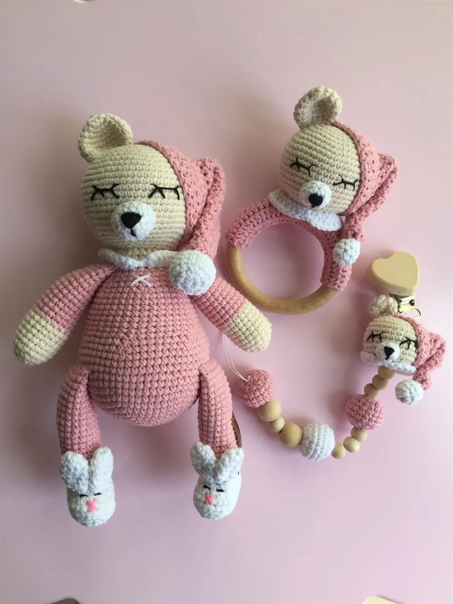 

Jaju Baby Amigurumi Pink Sleepy Teddy Bear 22 cm Rattle and Pacifier Chain Triple Set
