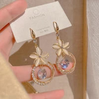 korean ins crystal zircon flower pendant earrings for women bohemian opal flower round dangle earring statement jewelry gifts
