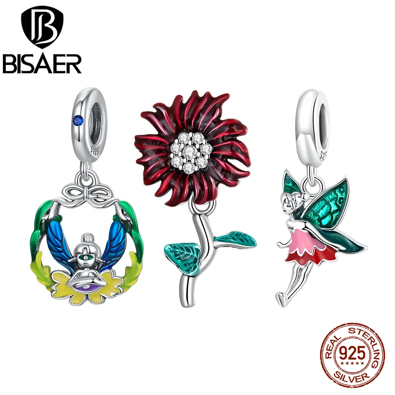 BISAER 925 Sterling Silver Charms Lucky Daisy Flower Pendant Weird Elf  Hanging Bead Fit DIY Making Bracelet Necklace Jewelry