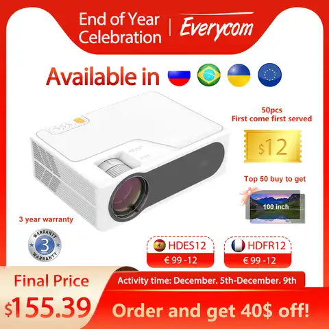 Everycom YG625 Проектор  LED LCD Разрешение 1080P 7000 люмен Поддержка Bluetooth Full HD USB Видео проектор 4К для домашнего кинотеатра
