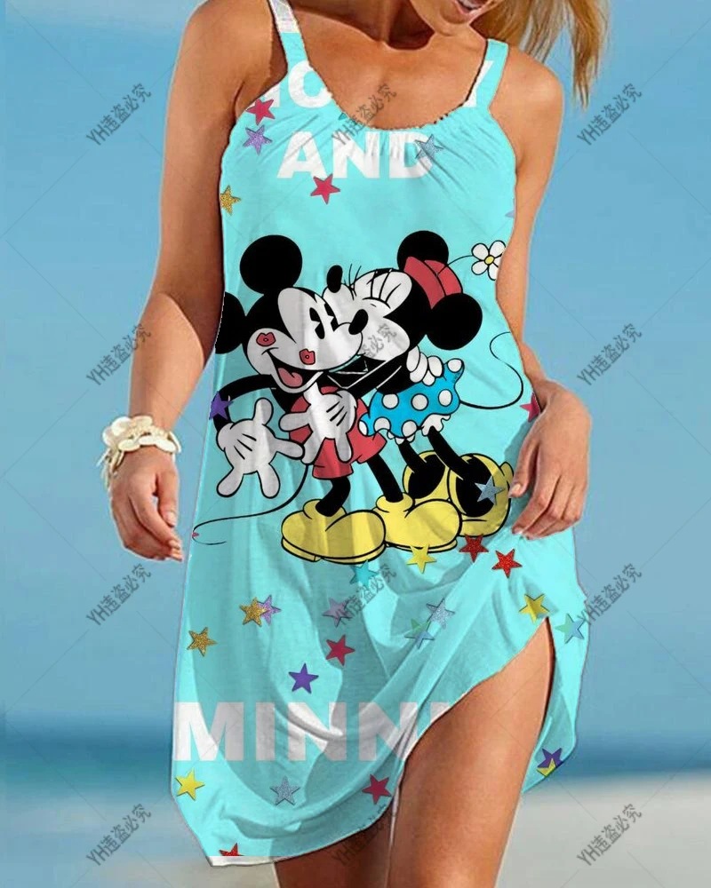 

Women's Minnie Mouse Elegant Dress Boho 2023 Suspenders Summer Women's Loose Beach Sexy Mickey Cartoon Sleeveless Disney Print