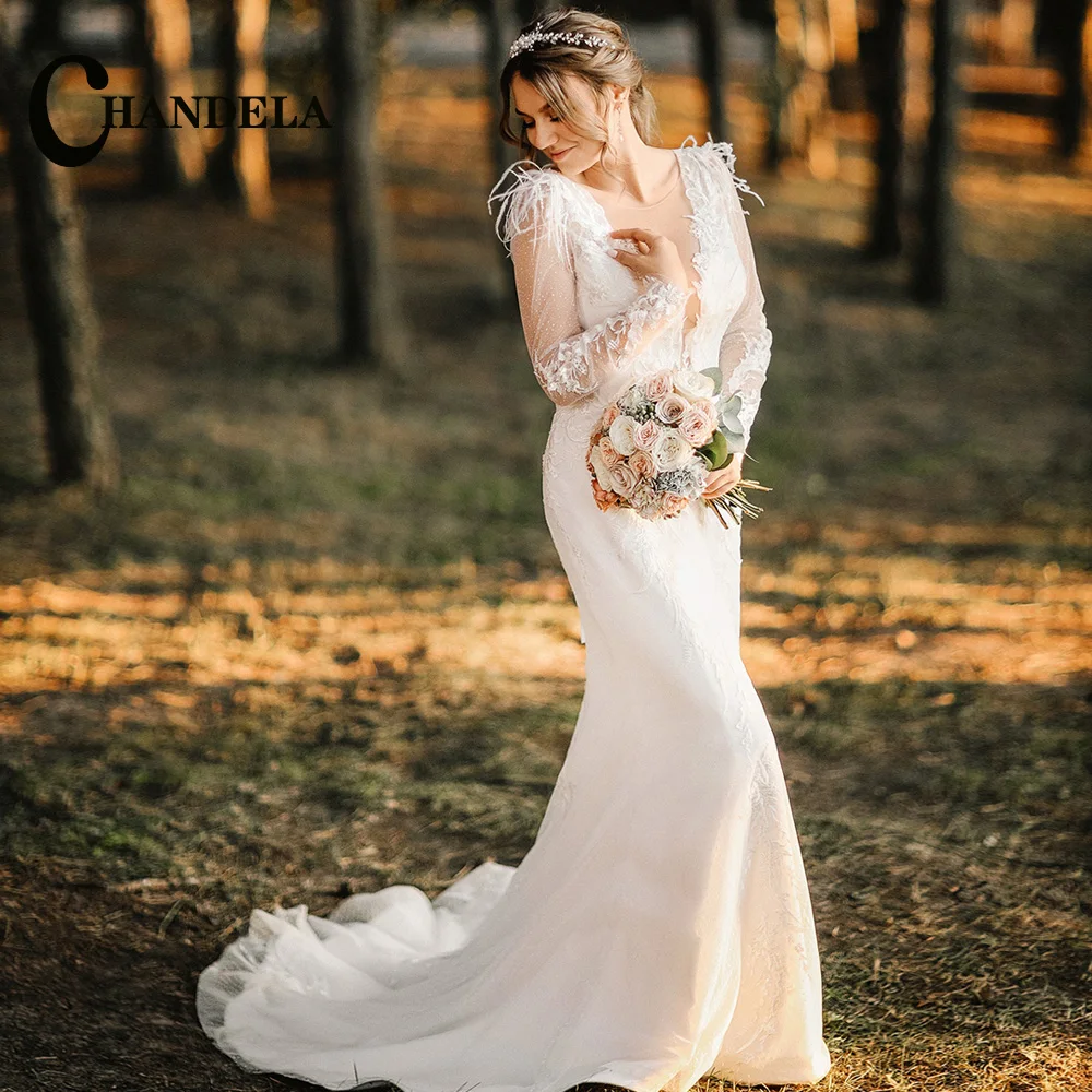 

CHANDELA Elegant Wedding Dresses Scoop Long Sleeves Feathers Lace Appliques Bridal Gown Robe De Mariée For Women Custom Made