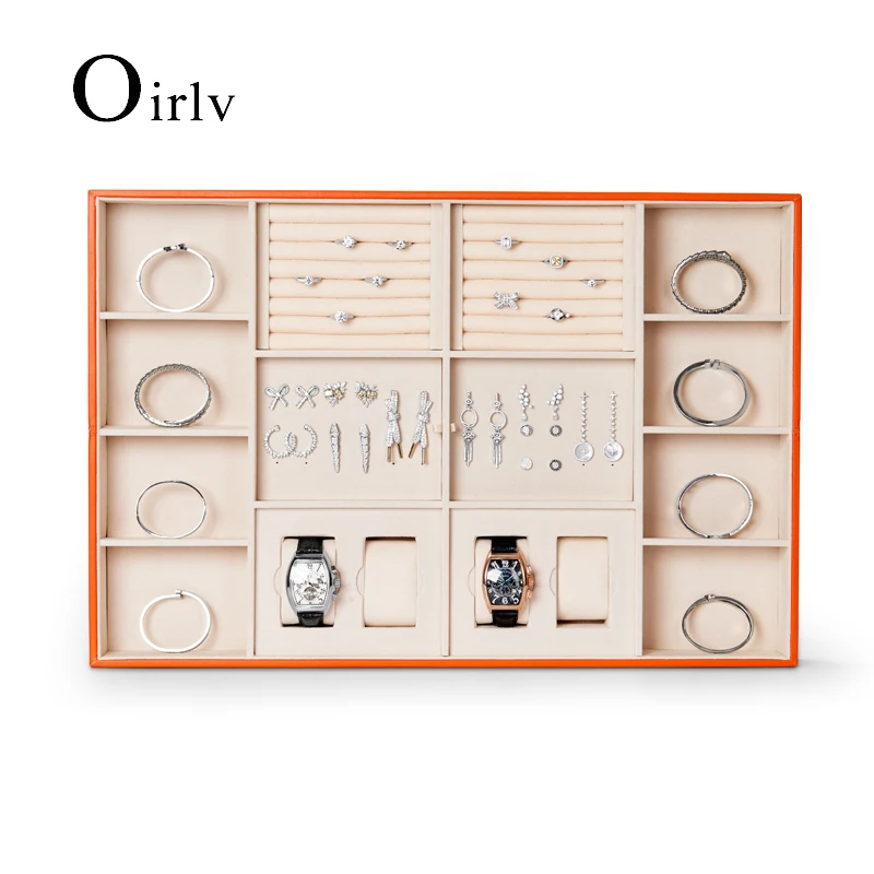 Oirlv Orange&Brown PU Leather Jewelry Storage Tray with Velvet Multi-function Jewelry Display Palette for Watch Earrings Ring