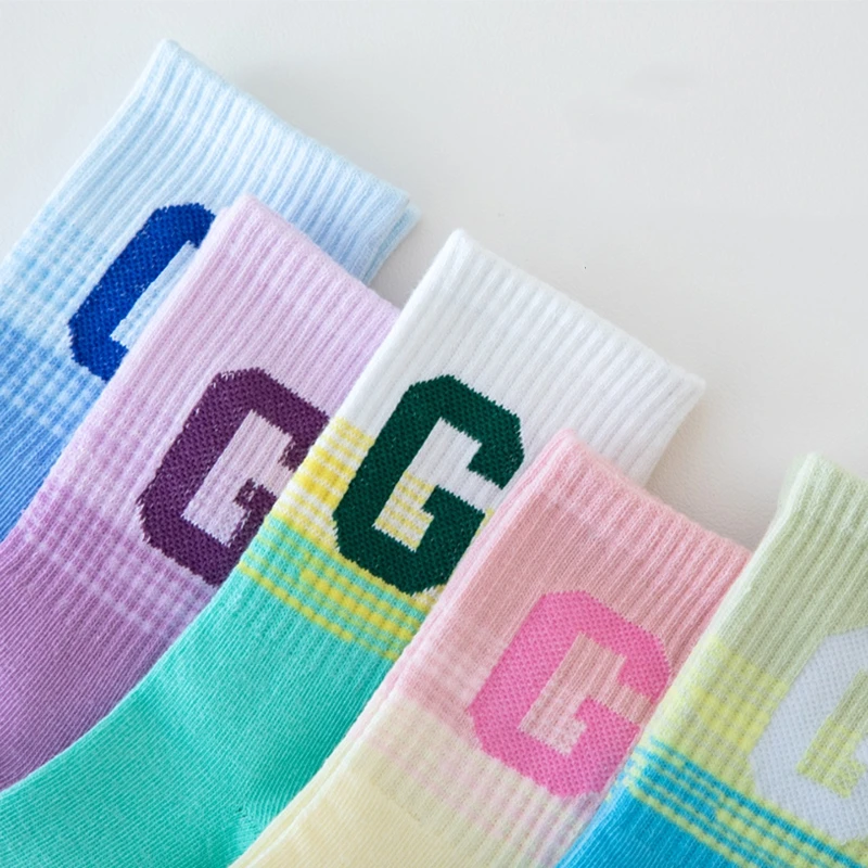 LISCN 2023 Harajuku Rainbow Color Women's Socks Middle Tube Gradient Cotton Stocking For Girls Soft Fashion Sports  Accessories