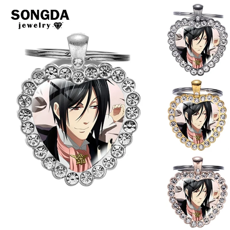 

Anime Black Butler Heart Crystal Keychain Glass Rhinestone Pendant Key Ring Trinkets Bag Charms Souvenirs Women Men Jewelry Gift