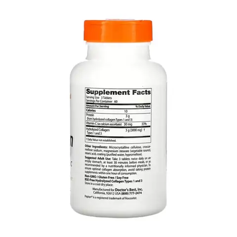 Докторс Бэст, коллаген типа 1 и 3 с Peptan и витамином C, 1000 мг, 180 таблеток