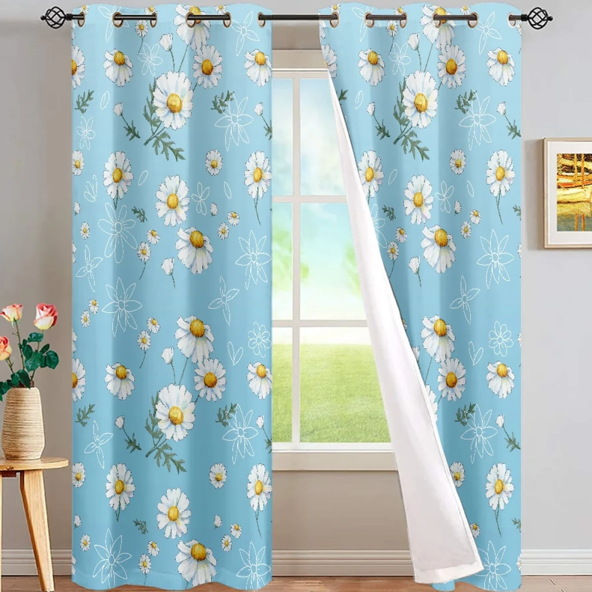 

Daisy Flower Soft And Skin-friendly Exquisite Pattern Drapes Semi-shading Insulation Hotel Living Room Polyester Fabric Curtains
