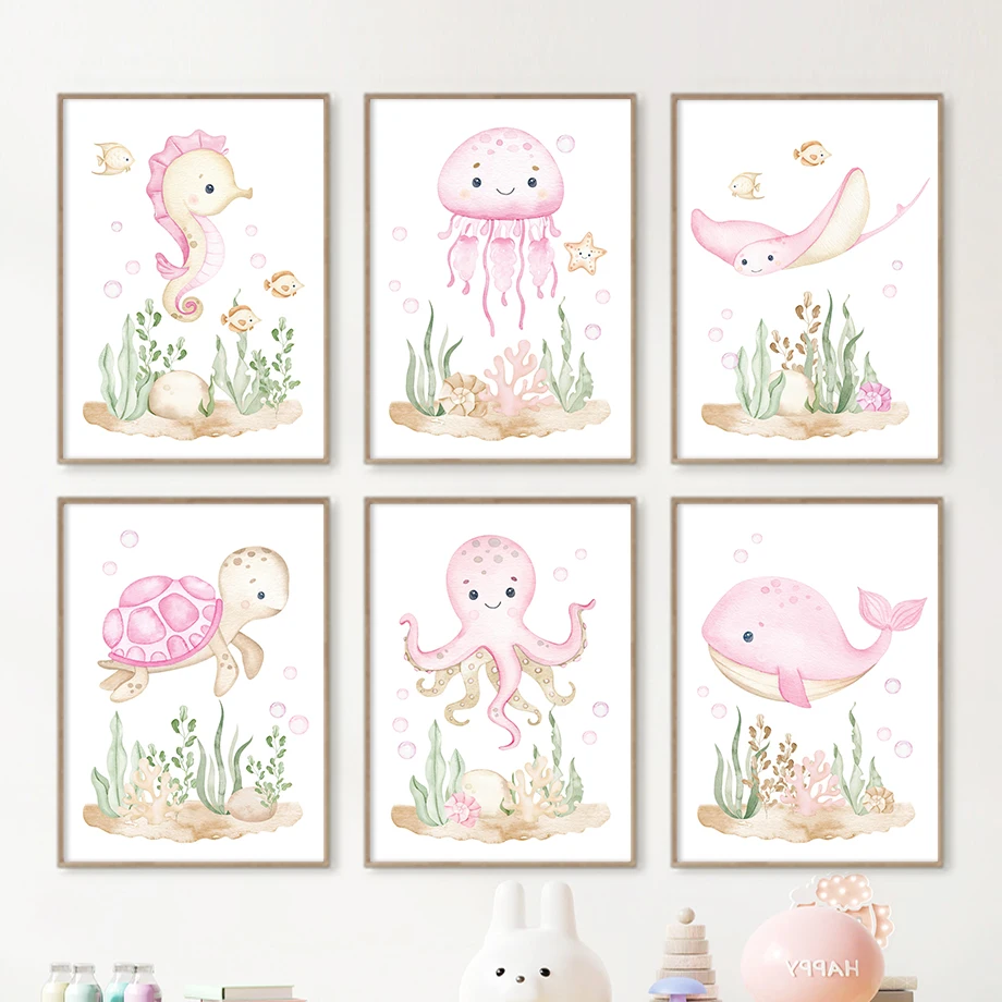 

Jellyfish Turtle Octopus Whale Fish Canvas Posters Prints Nautical Ocean Sea Animal Nursery Art Wall Pictures Kids Room Decor