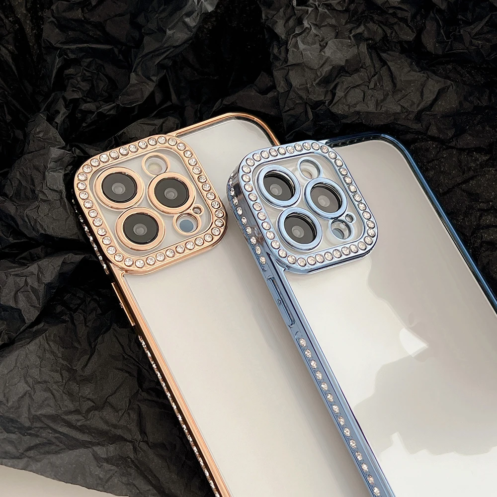 

Luxury Plating Bumper Bling Diamond Phone Case for iPhone 11 12 13 Pro Max High End Lens Protector Transparent Back Cover