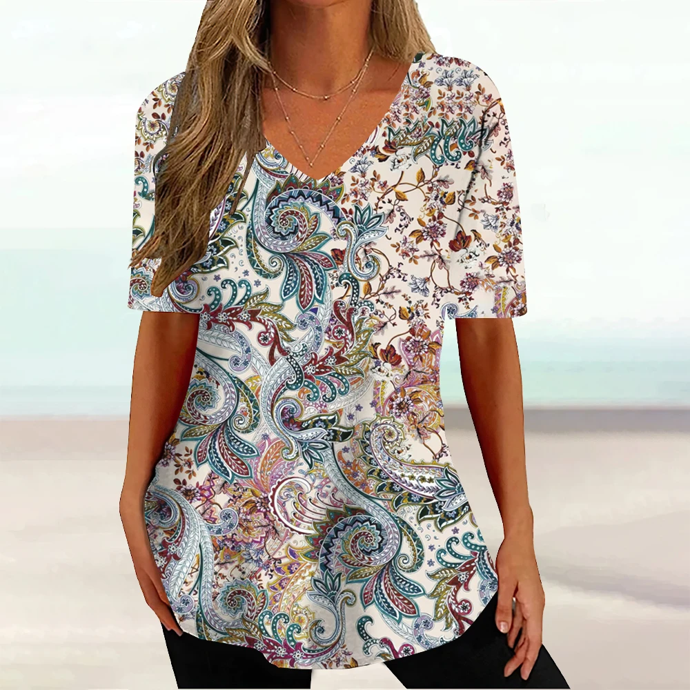 

Vintage Women's T-Shirt Summer V-Neck Cashew Print Short Sleeve Tops Loose Ladies Clothing Female Oversized Apparel Casual Tees